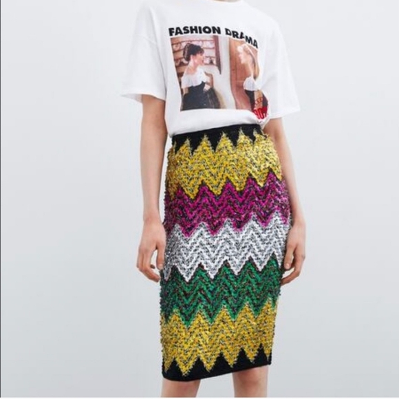 NWT Zara Tinsel Chevon Design Skirt Size Large